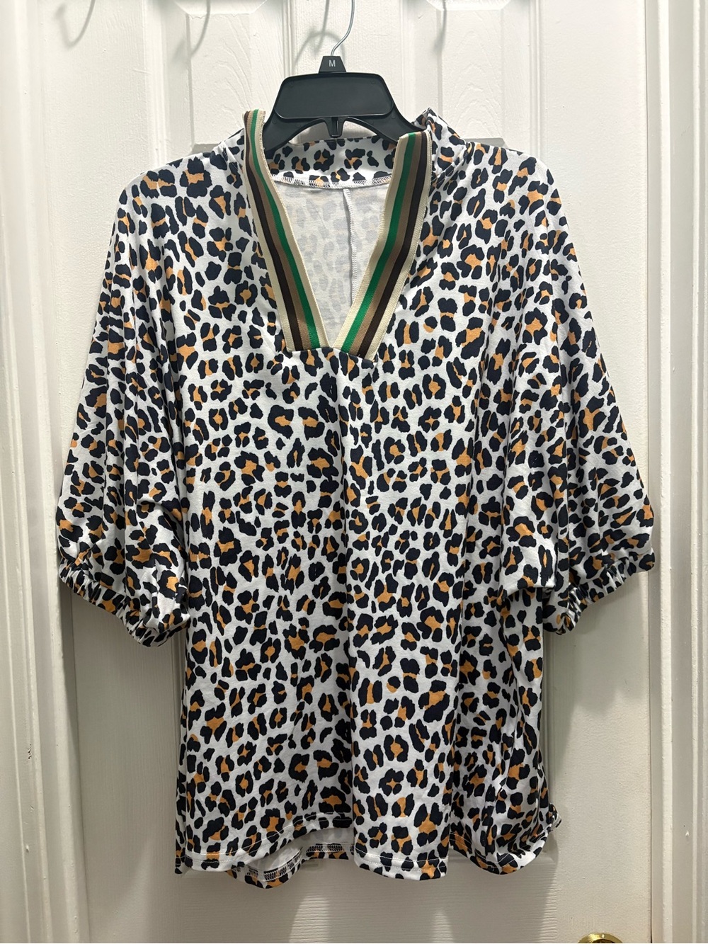 Amazon Leopard-Print V-Neck Blouse with Green Trim